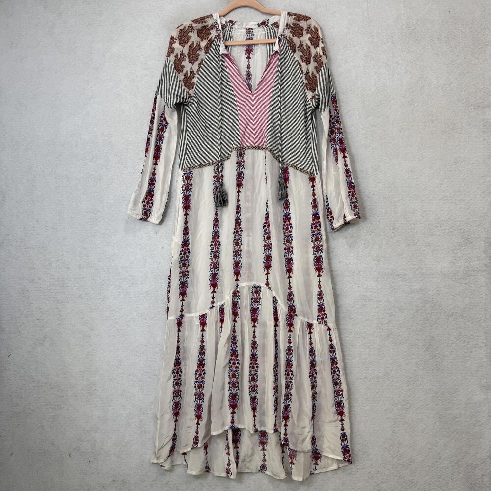 Sundance Boho Kaftan Dress Women Medium Multicolor Floral Tassel Tie V Neck Maxi